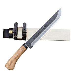 キャンプ剣鉈　２１０　白鋼　黒槌目　黒丸輪　樫柄　木鞘革バンド　晶之作