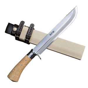 有害駆除剣鉈２１０　白鋼　磨　樫柄　ステンツバ輪　木鞘革バンド　晶之作