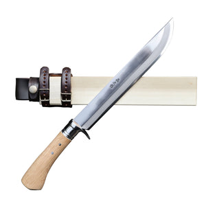 有害駆除剣鉈２４０　白鋼　磨　樫柄　ステンツバ輪　木鞘革バンド　晶之作