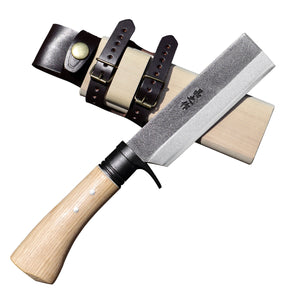 竹割鉈　１５０　黒　白鋼　白木鞘　皮バンド