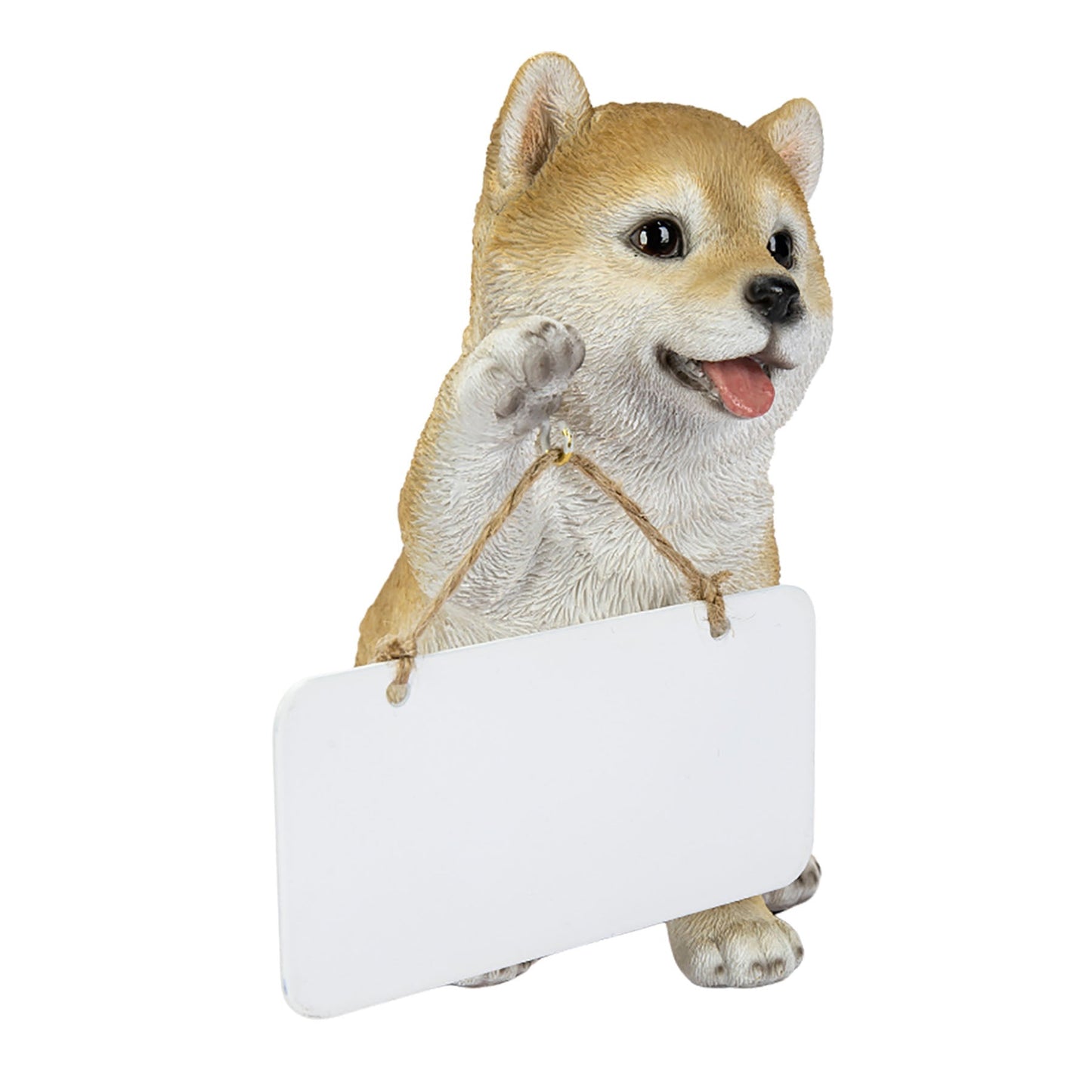 右手でボードを持つ柴犬