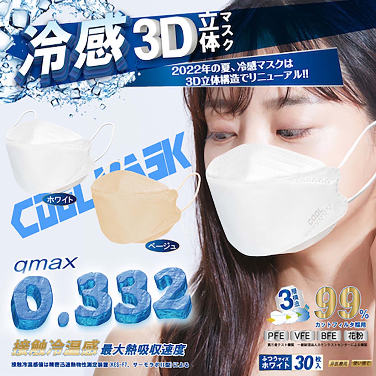 ３Ｄ立体冷感マスク　ふつうサイズ　３０Ｐ　ホワイト