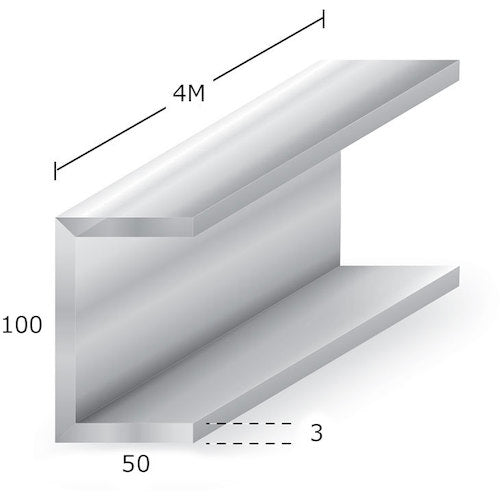 アルミチャンネル　アルマイト付　ｔ３Ｘ１００Ｘ５０Ｘ４ｍ　シルバー