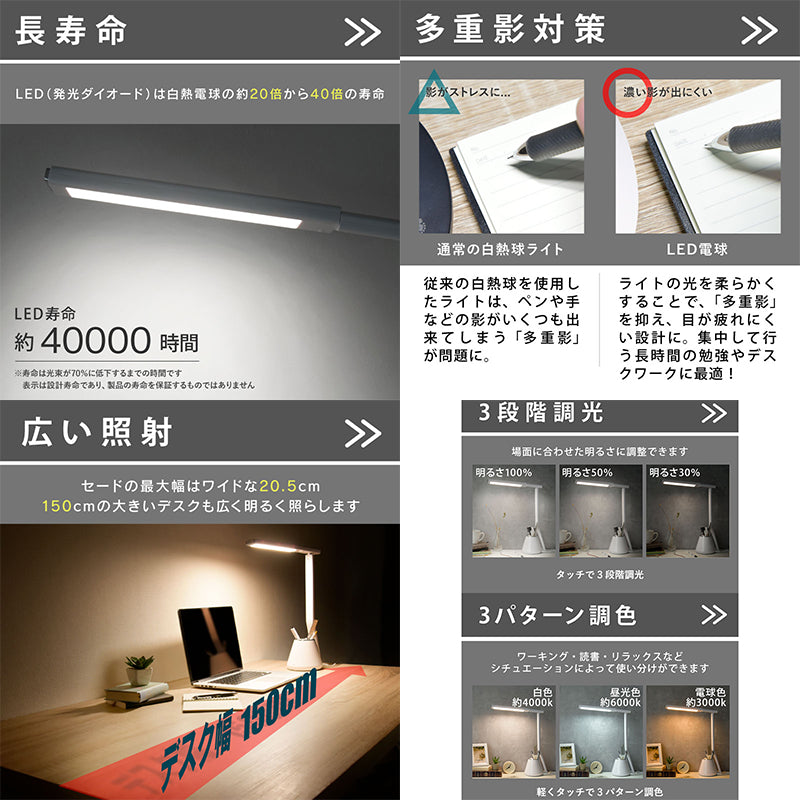 ペン立て付き卓上ＬＥＤライト　省スペース　シンプルタッチボタン　調色・調光３段階