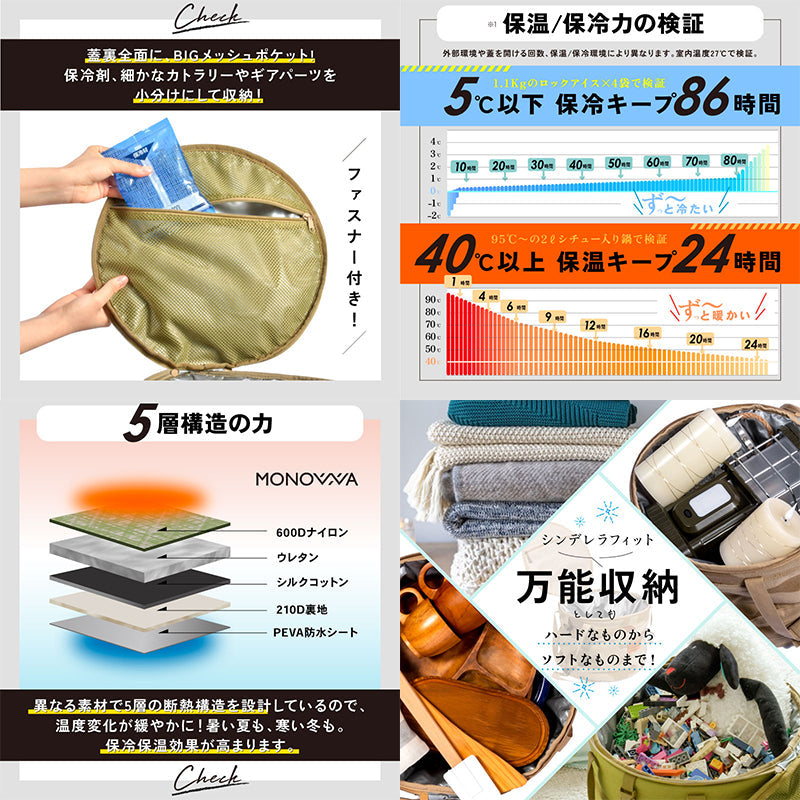 円柱型ソフト保冷ボックス　２５Ｌ大容量　折り畳める　３６時間保冷　カーキ