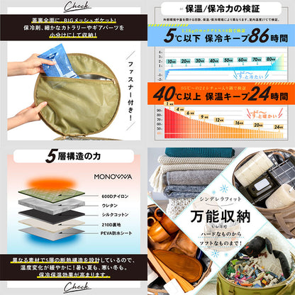 円柱型ソフト保冷ボックス　２５Ｌ大容量　折り畳める　３６時間保冷　カーキ
