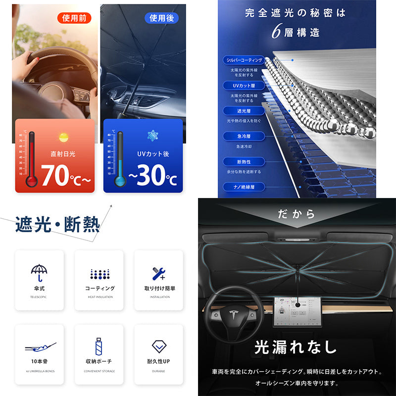 車用傘型サンシェード　ＵＶカット９９．９％　ＵＰＦ５０＋　遮光断熱　簡単収納　Ｌ
