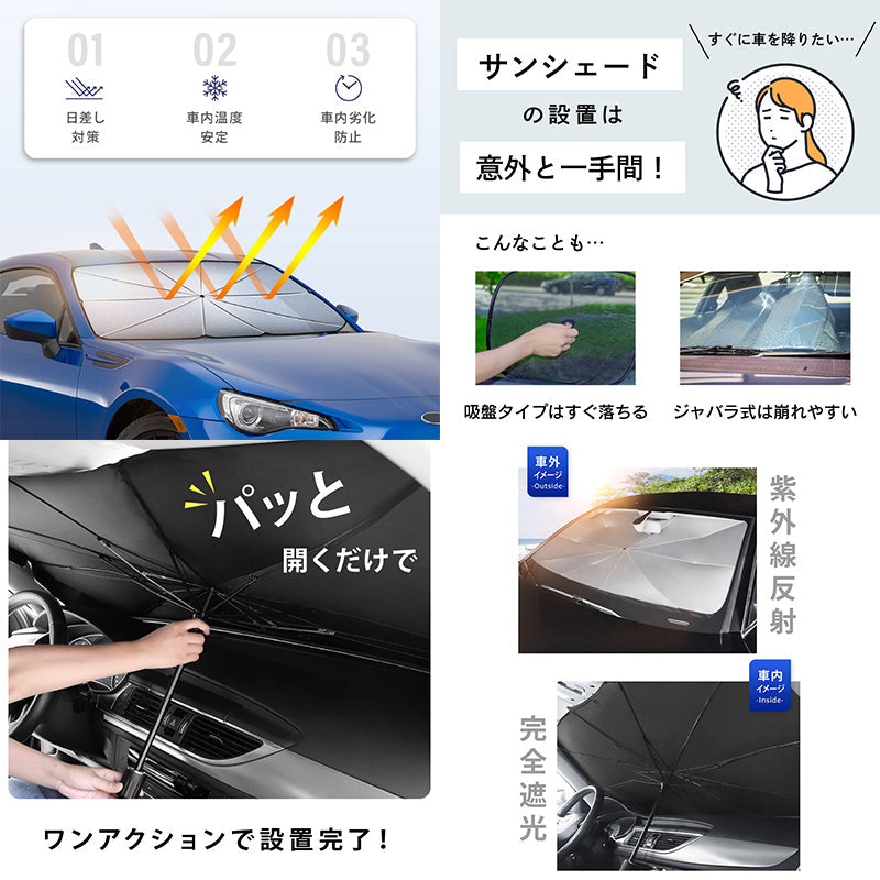 車用傘型サンシェード　ＵＶカット９９．９％　ＵＰＦ５０＋　遮光断熱　簡単収納　Ｍ