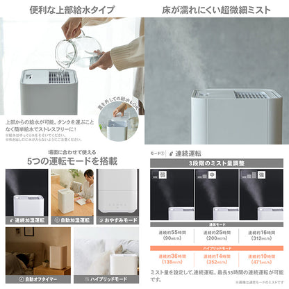 大容量ハイブリッド加湿器 卓上 55時間連続運転 除菌機能 自動加湿 空焚き防止