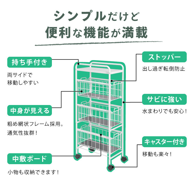 組み立て式3段ラック 引き出し 25cm幅60kg耐荷 隙間収納 キャスター付き