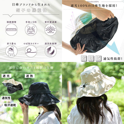 UVギャザーハット UPF50+ 遮光遮熱 折り畳み 風に強い つば広 ブラック