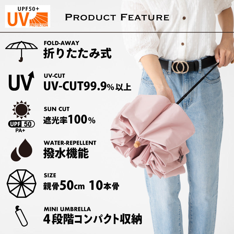 日傘 晴雨両用 UPF50PA+ 完全遮光 4段折り畳み 耐風 ホワイト