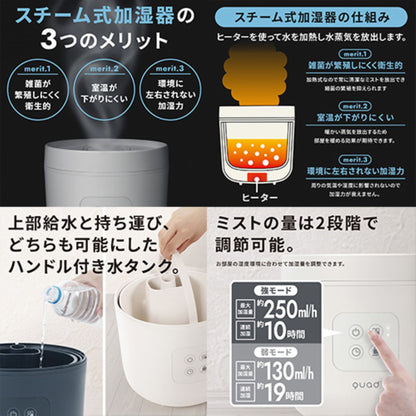 スチーム加湿器2.5L大容量 上部給水 250ml/h 10h連続加湿 ホワイト