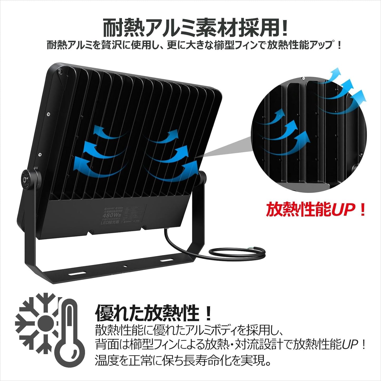 ＬＥＤ投光器　４８０Ｗ　７２０００ＬＭ　高効率　長距離照射　挟角　３０°