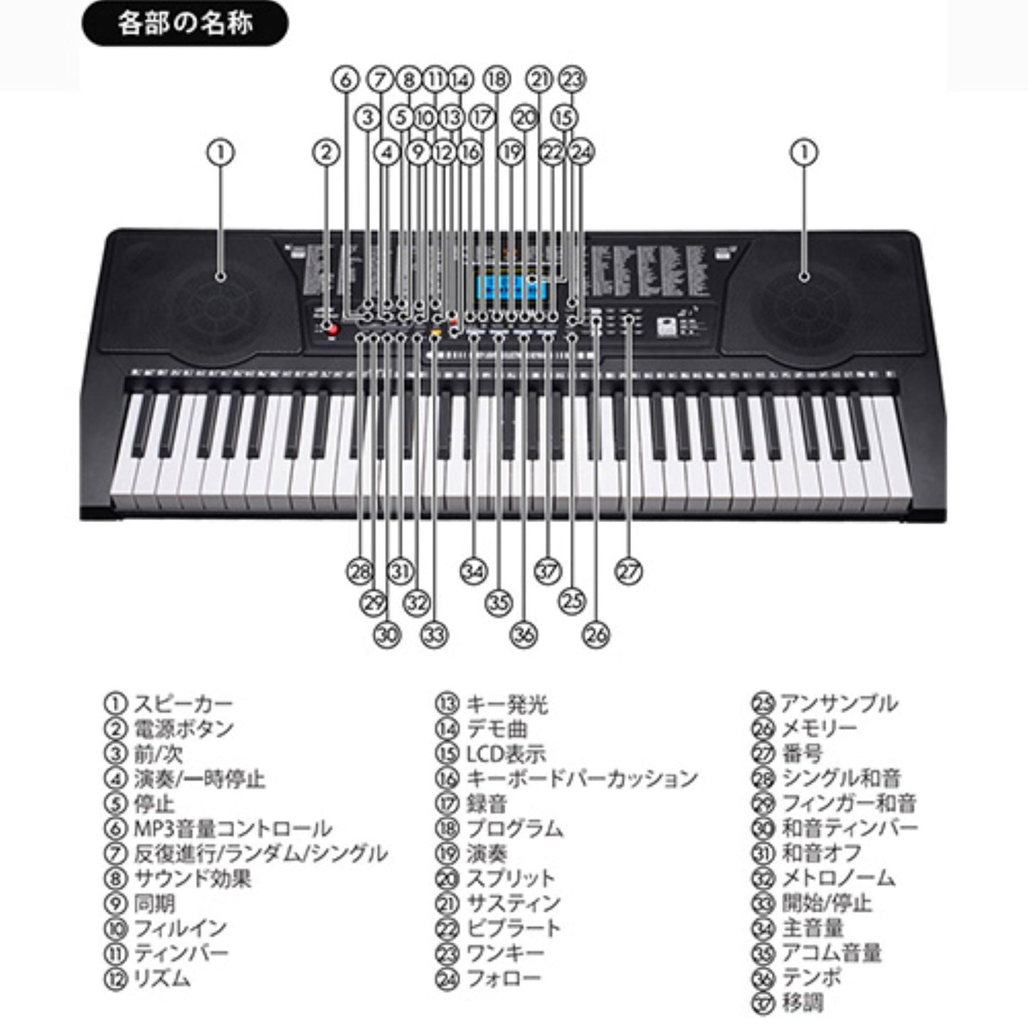 ６１キー電子キーボード　発光キー　ガイド機能　音色リズム２５５種　電池対応