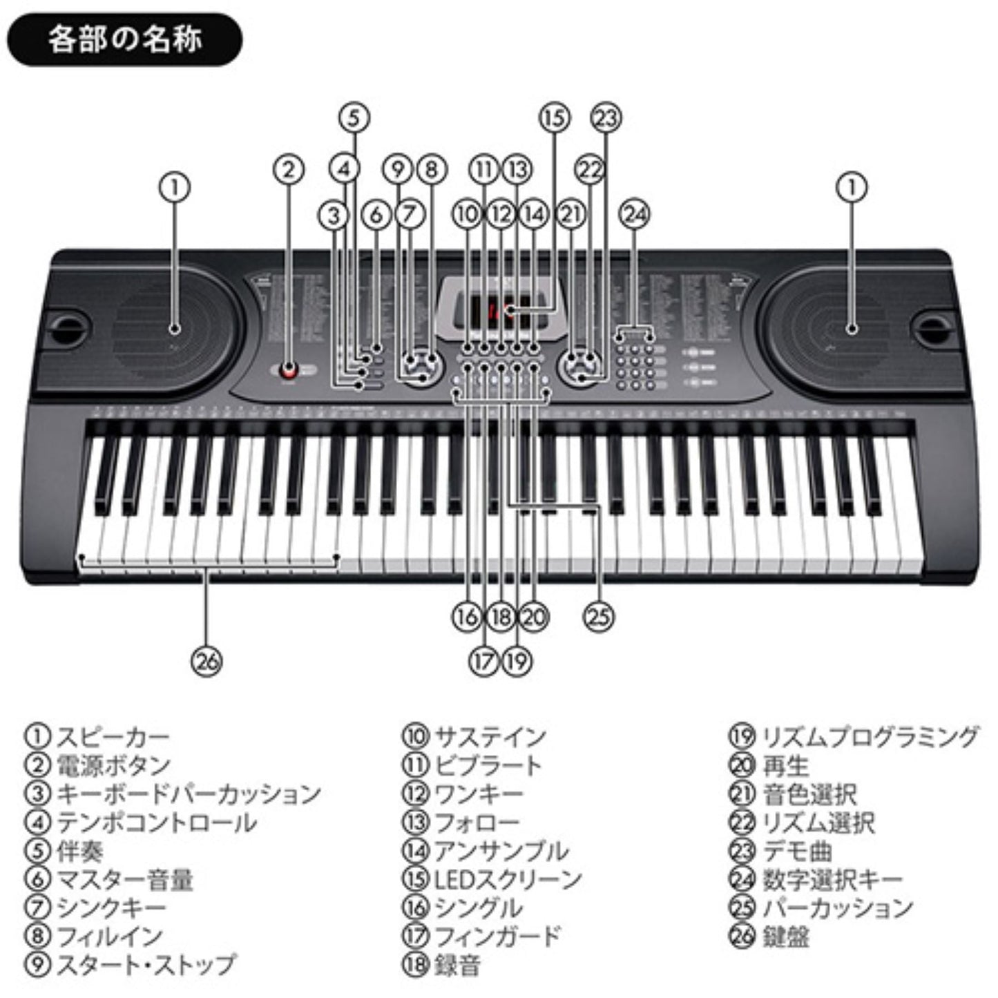 ６１キー電子キーボード　ガイド機能　音色リズム２５５種　ヘッドホン可　電池対応