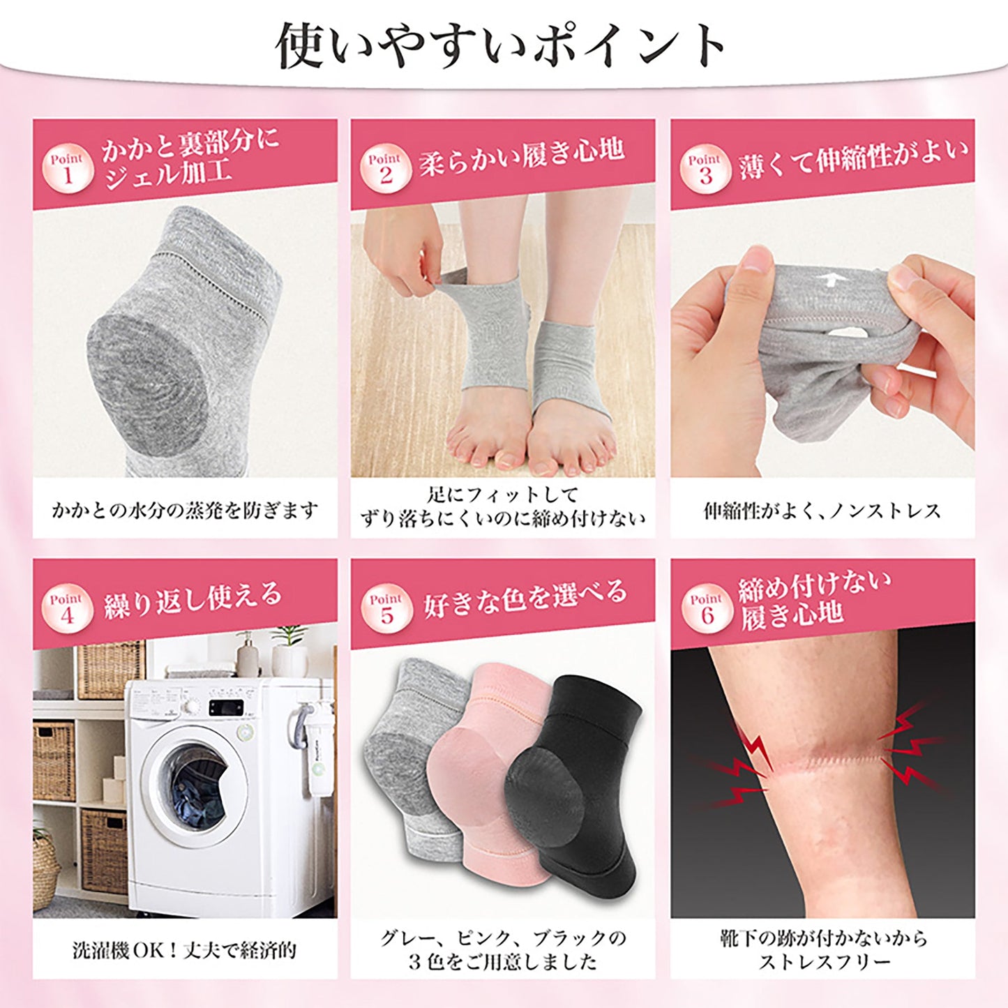かかとつるつるソックスＮＥＯ　踵　ひび割れ乾燥ケア　しっとり潤い　保湿　ピンク