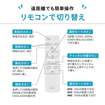 ＬＥＤ一体型４３φシーリングライト　８畳適用　１０段階調光調色　メモリー機能付