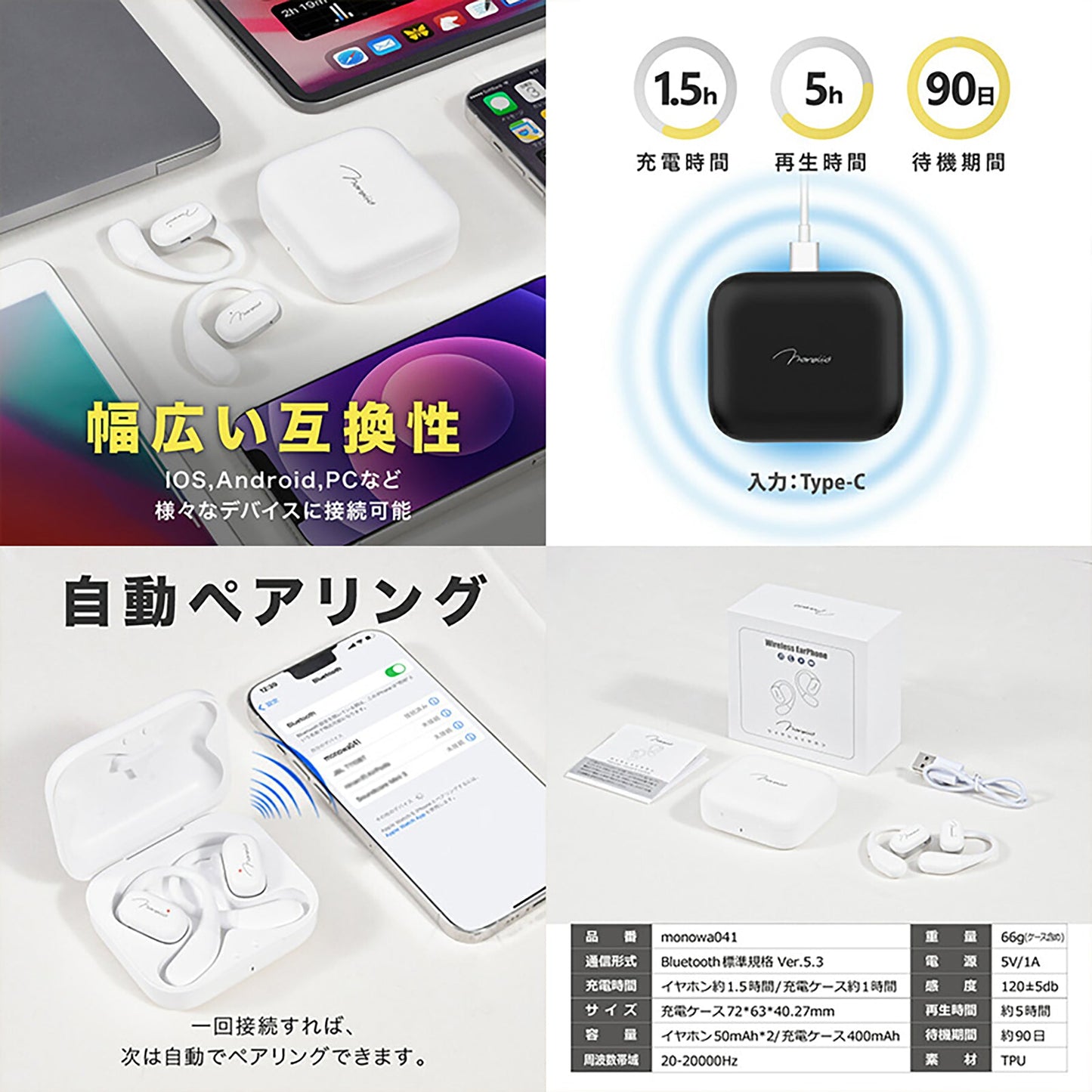 ｂｌｕｅｔｏｏｔｈ耳掛けワイヤレスイヤホン　２５Ｈ連続再生　落ちにくい　ホワイト
