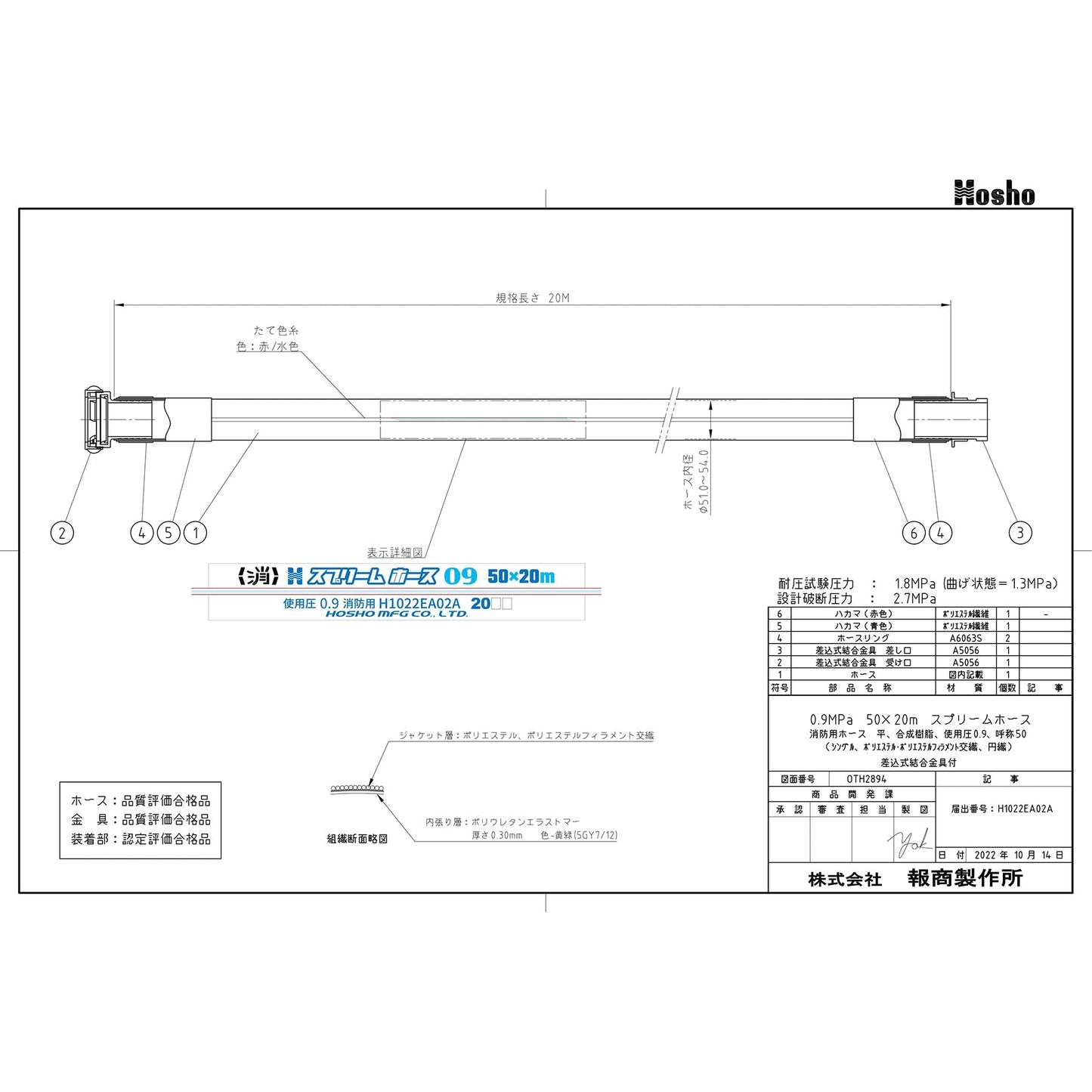 スプリームホース（屋外消火栓用ホース）０．９ＭＰａ　５０Ａ×２０ｍ　差込式