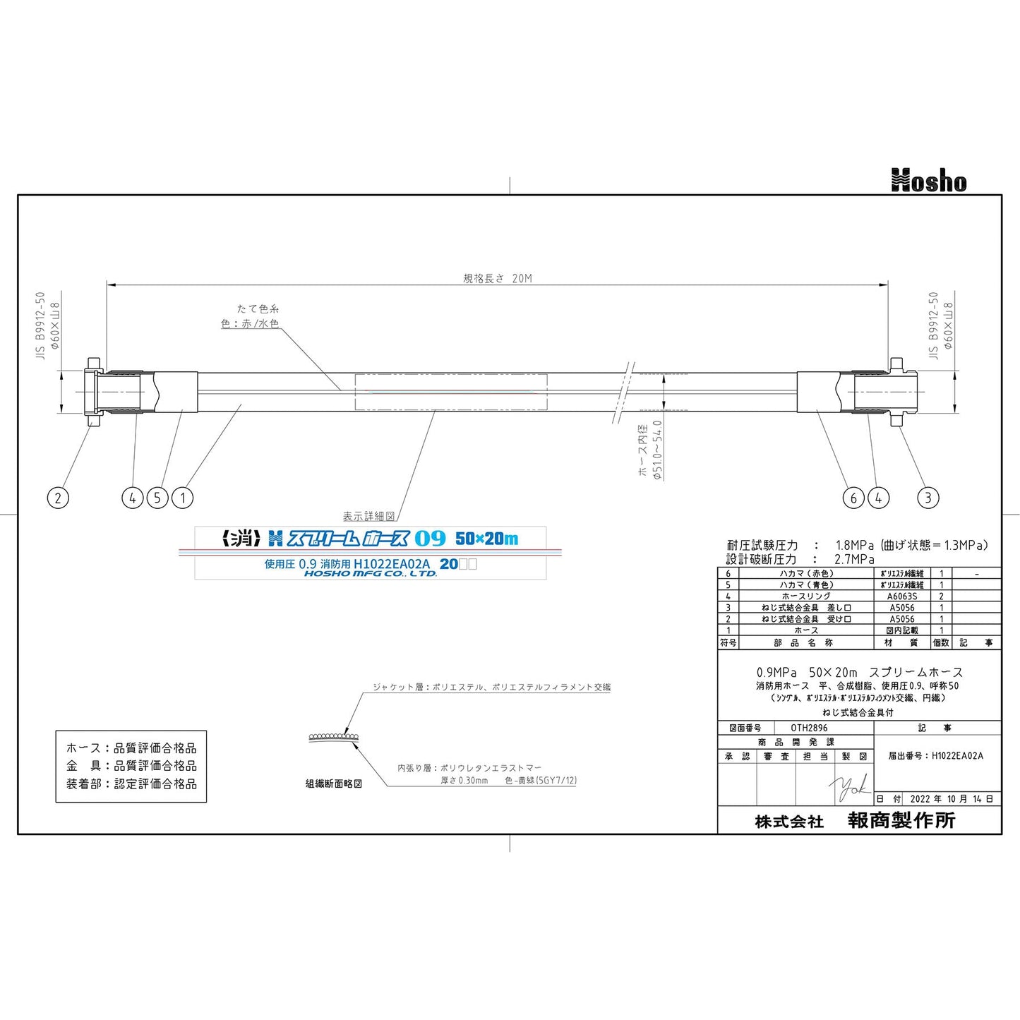 スプリームホース（屋外消火栓用ホース）０．９ＭＰａ　５０Ａ×２０ｍ　消防ネジ式