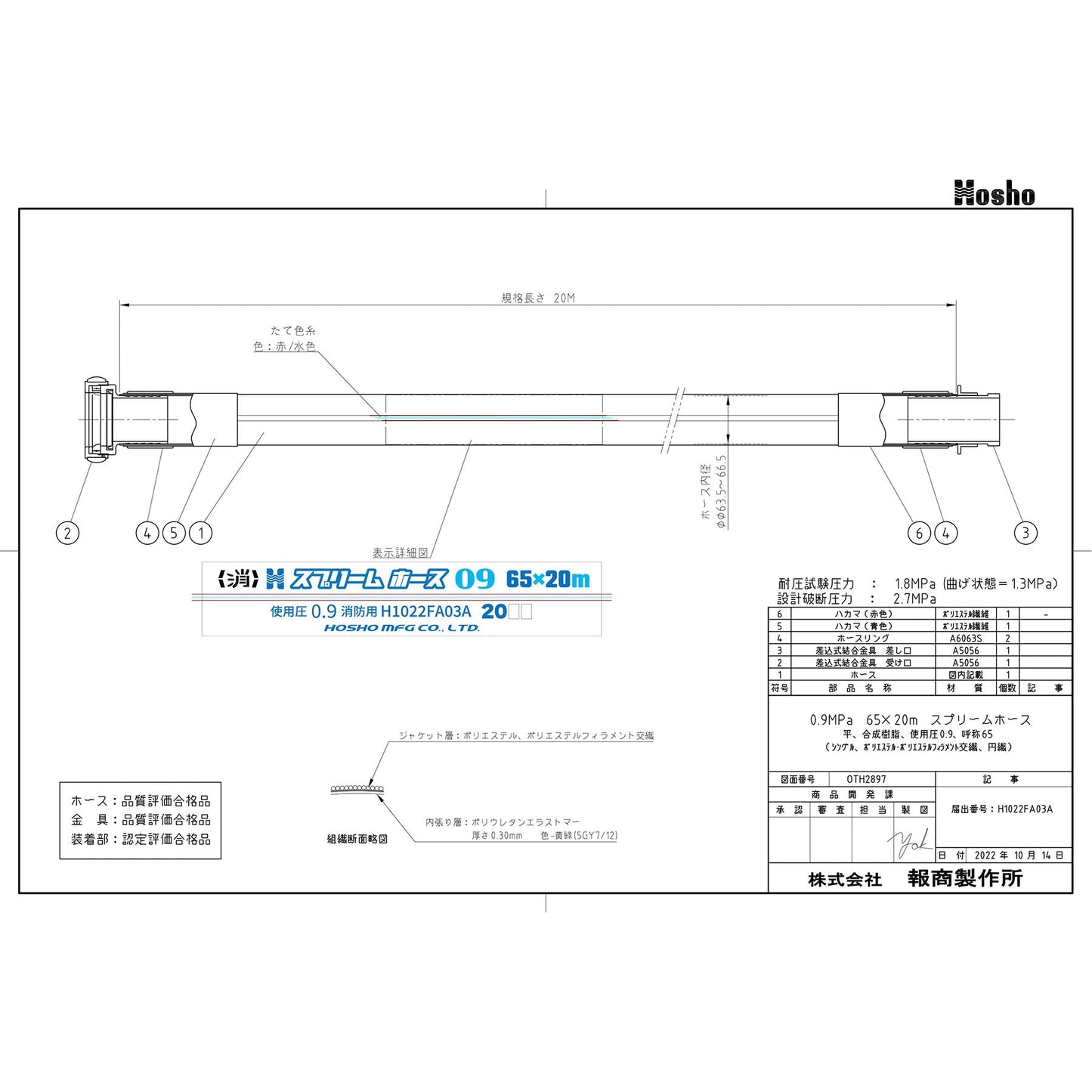 スプリームホース（屋外消火栓用ホース）０．９ＭＰａ　６５Ａ×２０ｍ　差込式