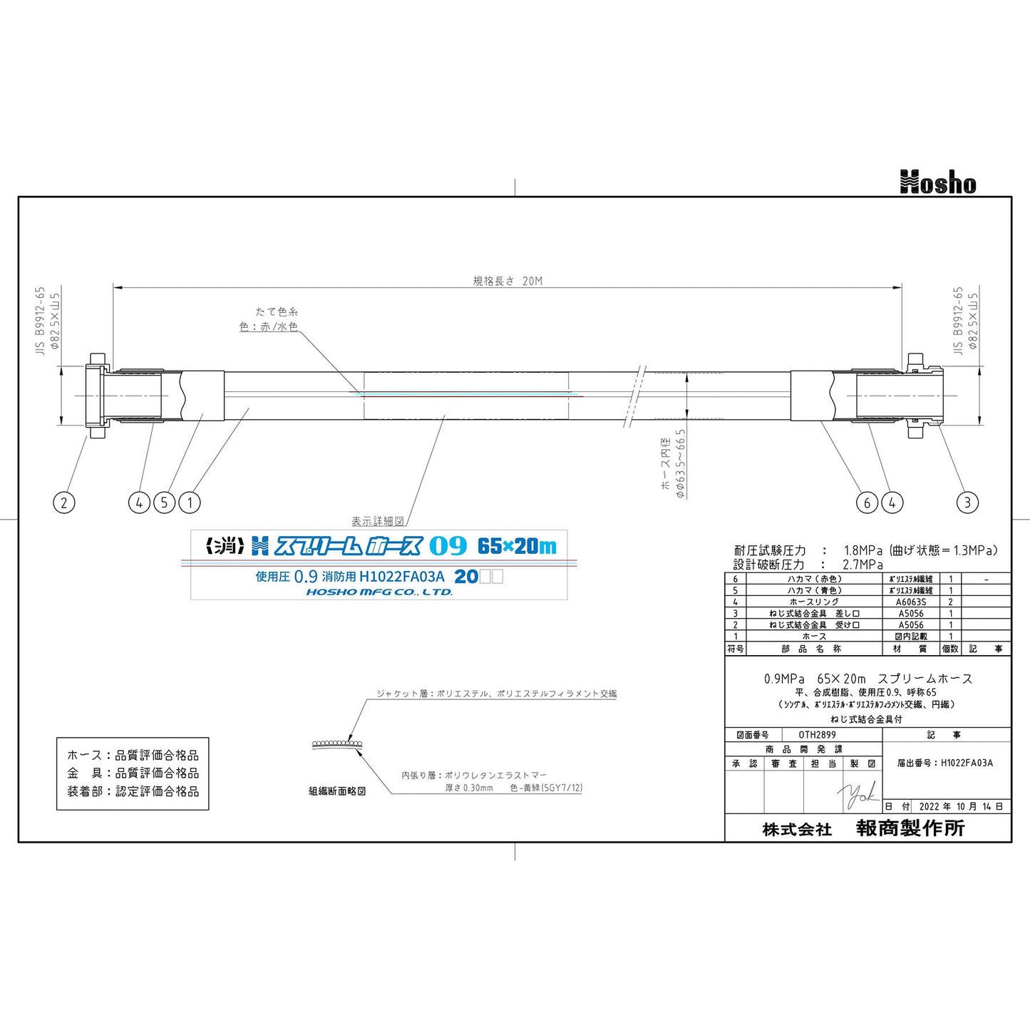 スプリームホース（屋外消火栓用ホース）０．９ＭＰａ　６５Ａ×２０ｍ　消防ネジ式