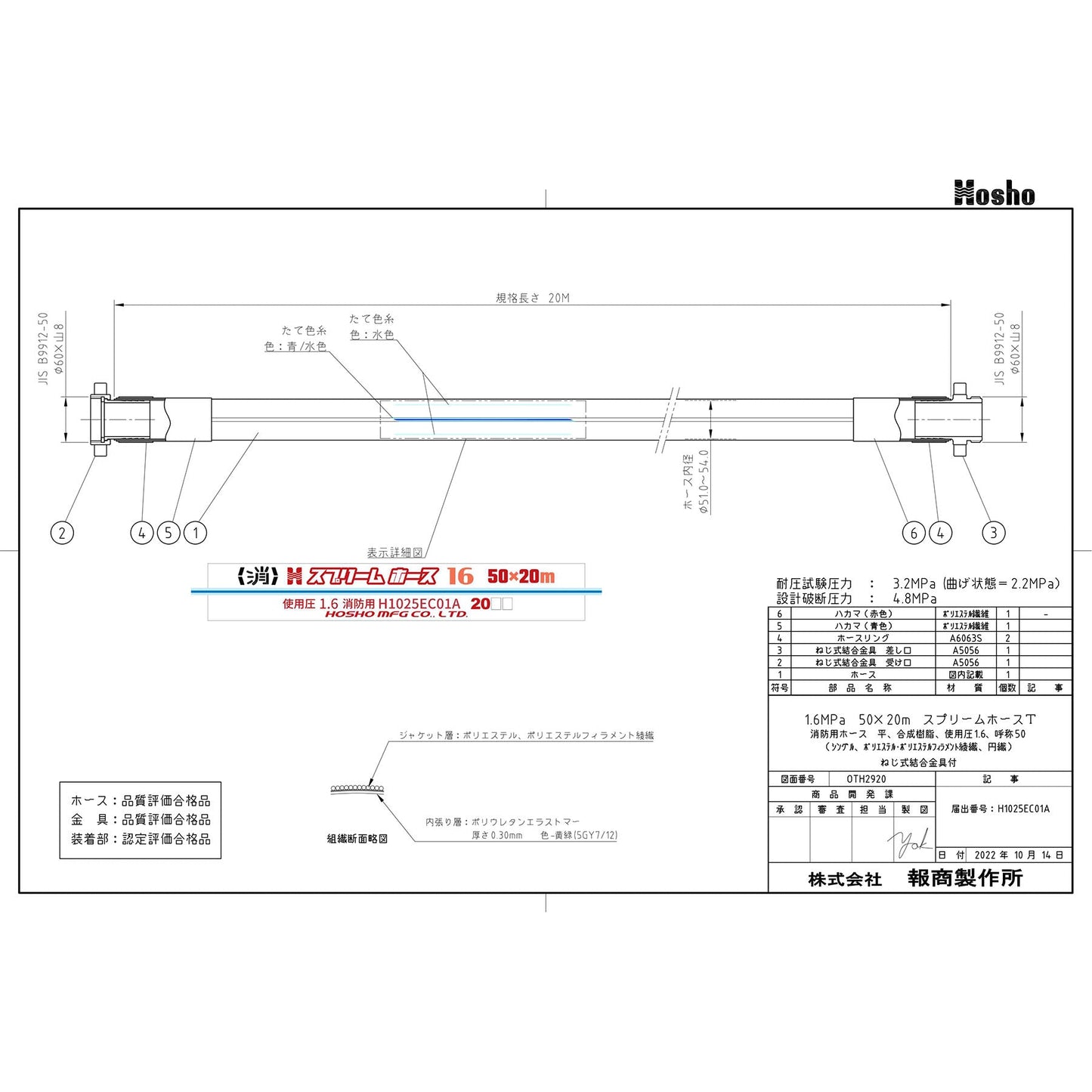 スプリームホース（消防消火用ホース）１．６ＭＰａ　５０Ａ×２０ｍ　消防ネジ式