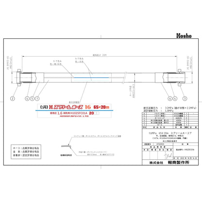 スプリームホース（消防消火用ホース）１．６ＭＰａ　６５Ａ×２０ｍ　消防ネジ式