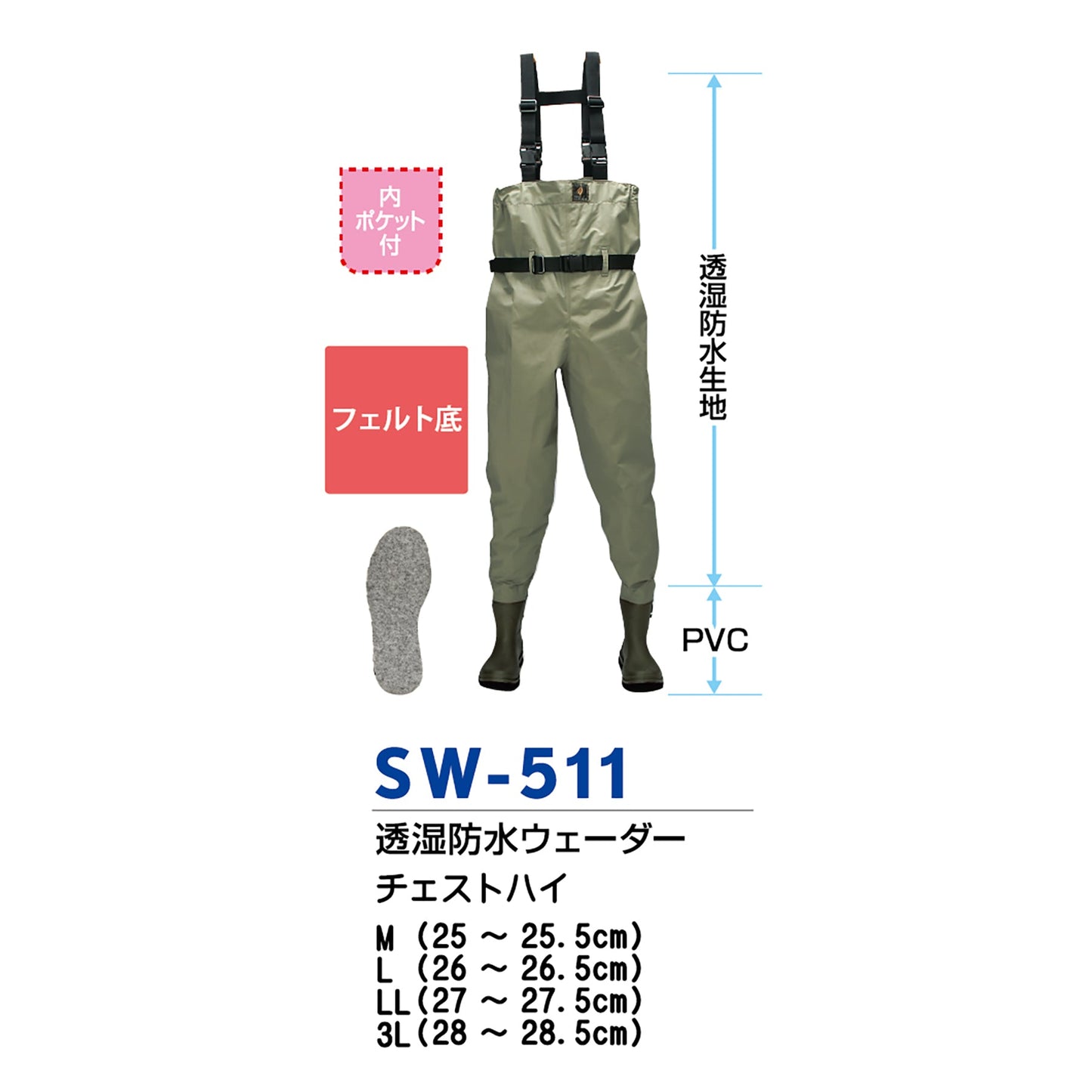 ＳＷ－５１１　透湿防水ウェーダー　チェストハイ