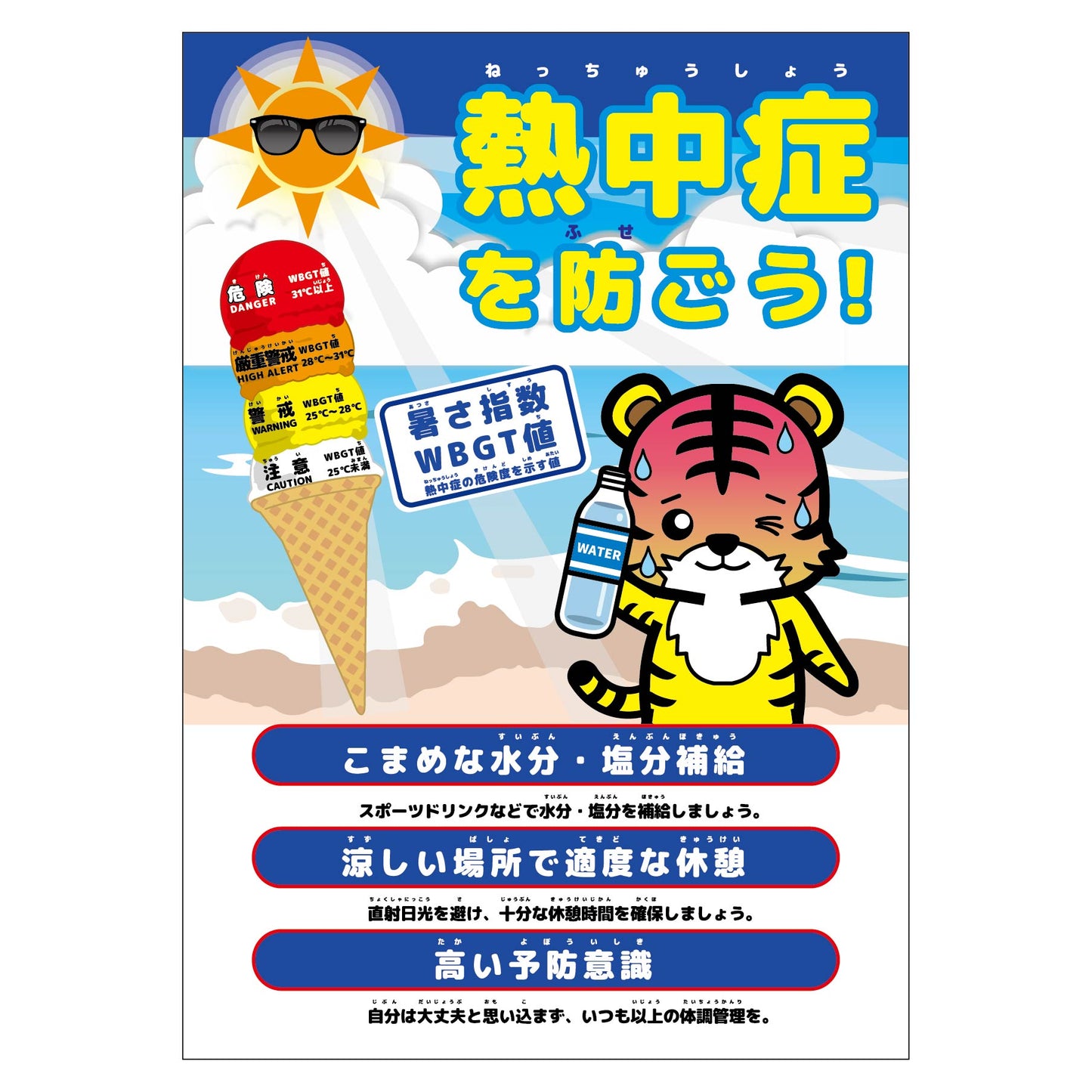 熱中症注意ポスター　動物ｖｅｒ．トラ