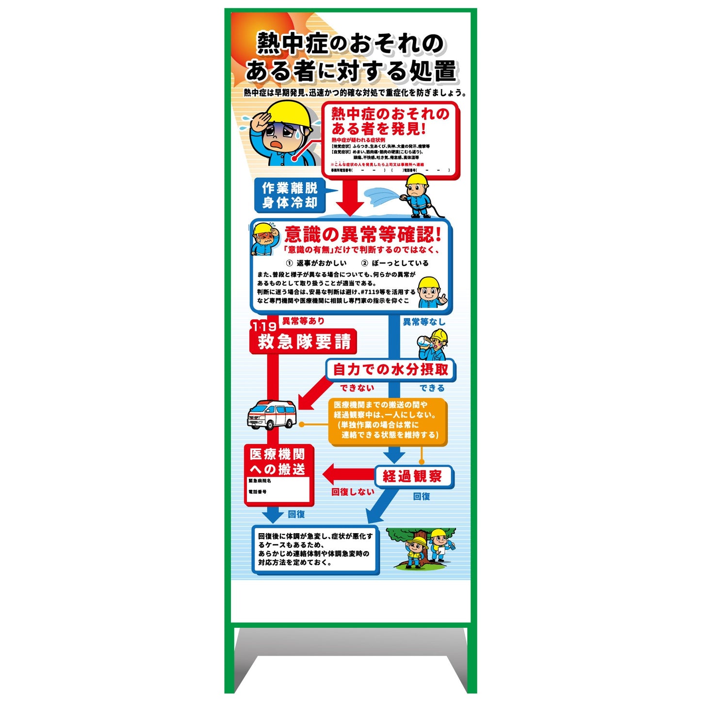 熱中症注意看板【小】熱中症のおそれのある者に対する処置　550×1400