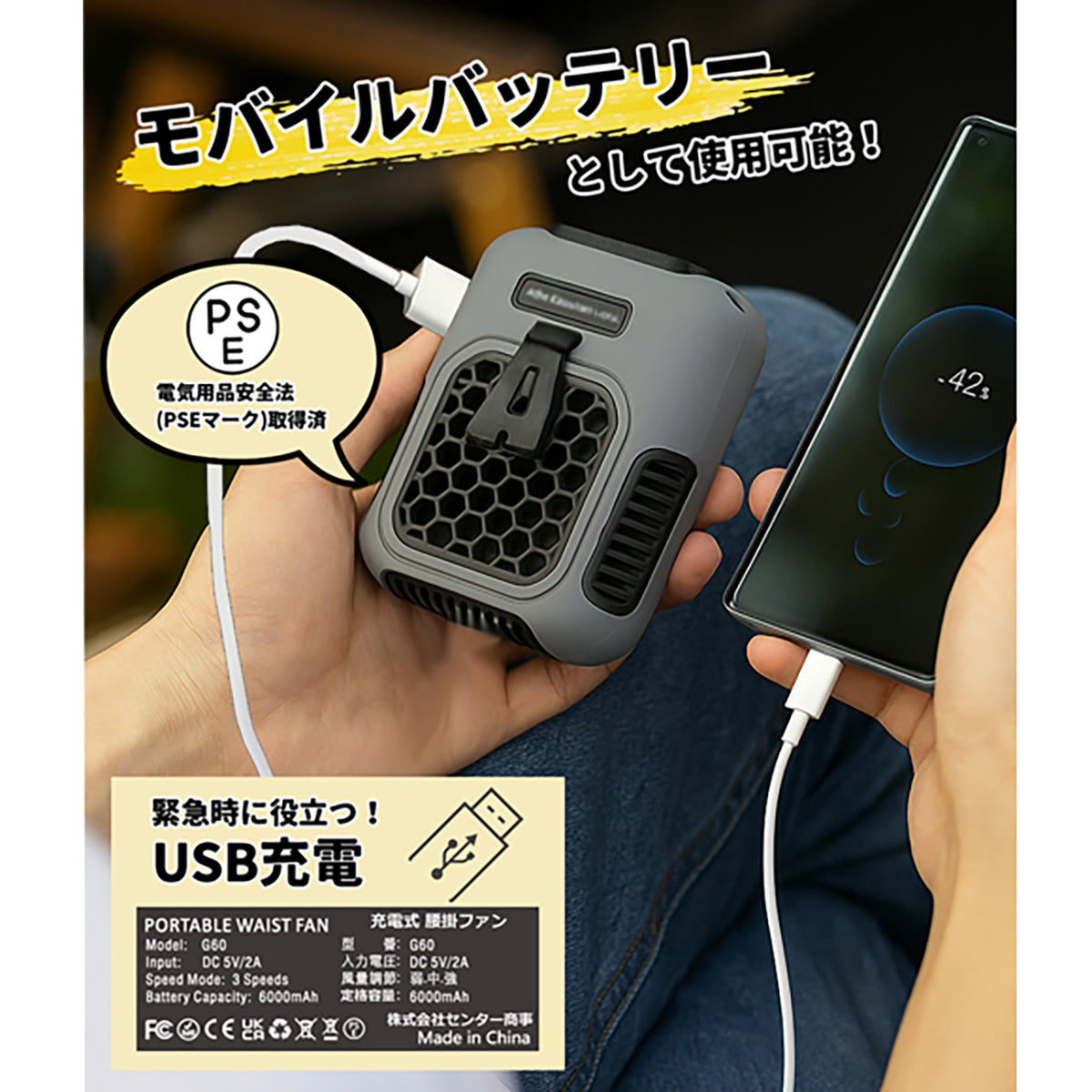 G60GY　3WAY　腰掛ファン　暑さ対策　冷却　奥行43×幅83×高さ112mm