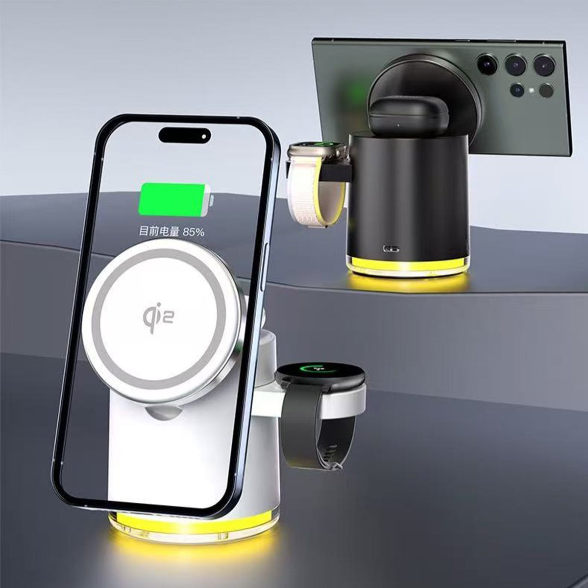 ４ｉｎ１丸形ワイヤレス充電器ｑｉ２　ブラック　Ｃ１６　幅５５×奥行５５×高さ８０