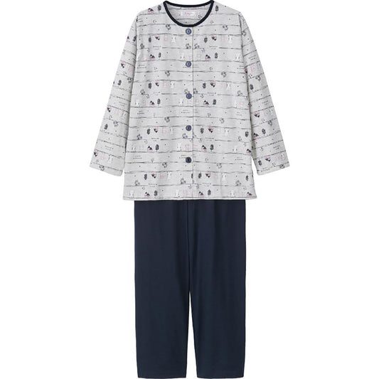 天竺ねこボーダー大きめボタンパジャマ グレー M/L/LL