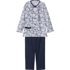 天竺花柄大きめボタンパジャマ ネイビー M/L/LL