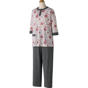 針抜き天竺線花7分袖パジャマ レッド M/L