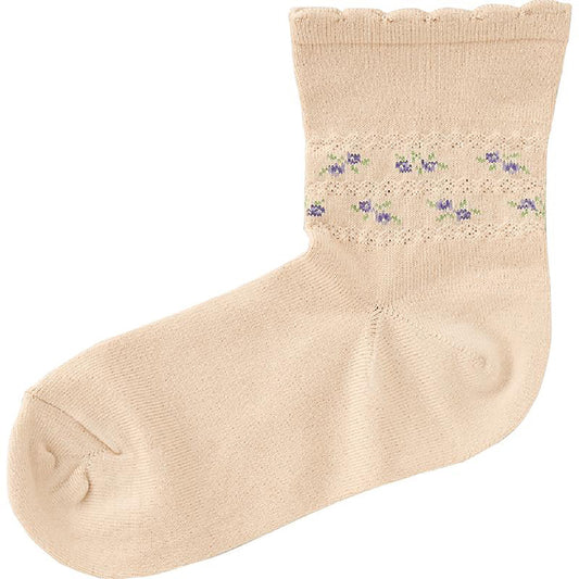 らくらくフィットクルーソックス(花柄) ベージュ 22～24cm