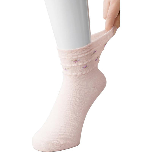 すべり止め付麻混ソックス(花柄) ピンク 22～24cm