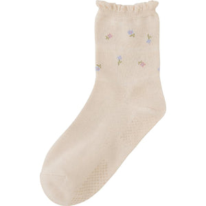 すべり止め付き涼感素材ソックス(花柄) ベージュ 22～24cm