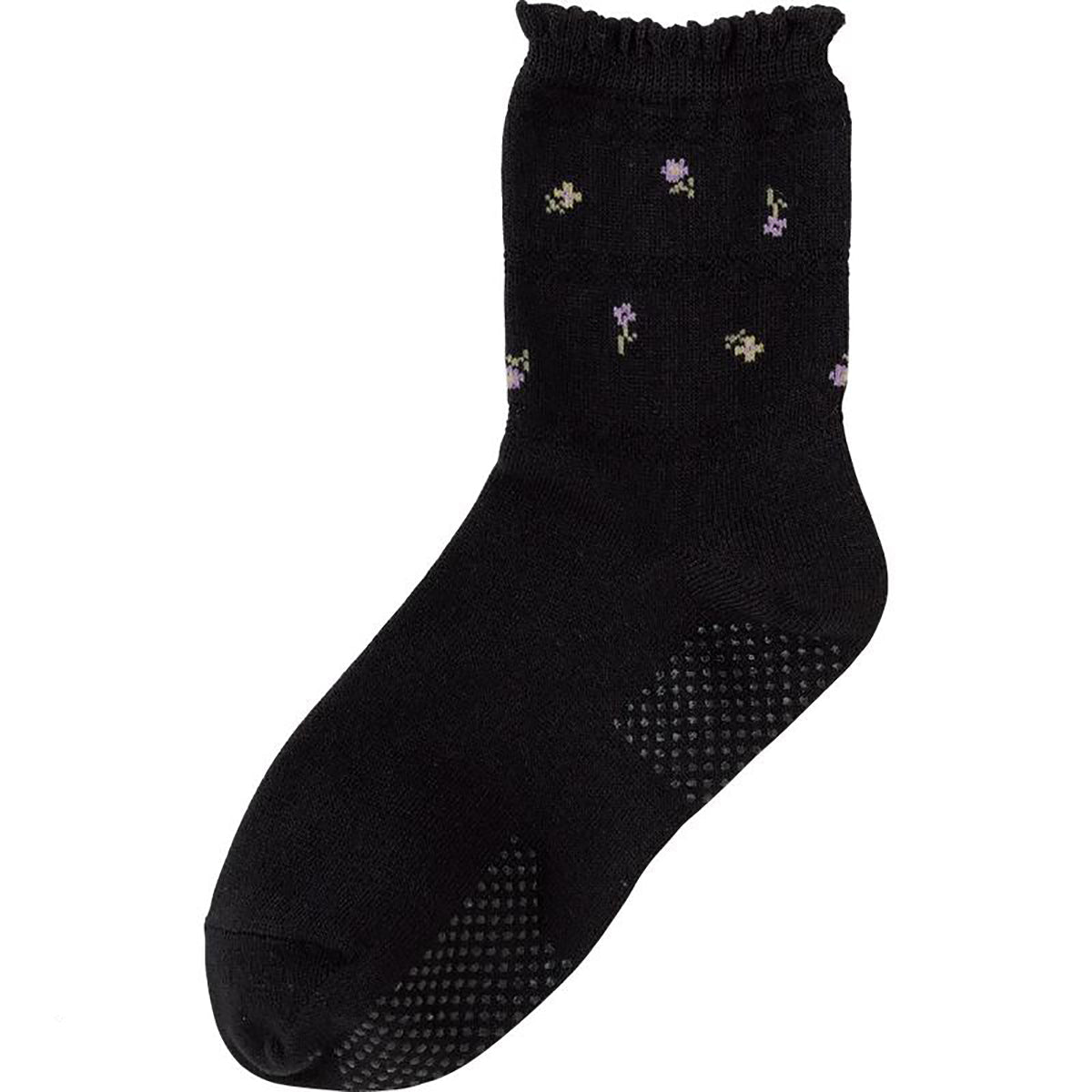 すべり止め付き涼感素材ソックス(花柄) ブラック 22～24cm