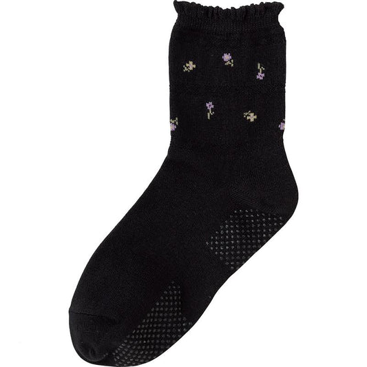 すべり止め付き涼感素材ソックス(花柄) ブラック 22～24cm