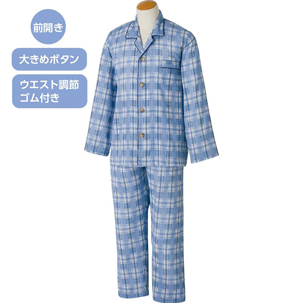 大きめボタン楊柳パジャマ グレー S/M/L/LL