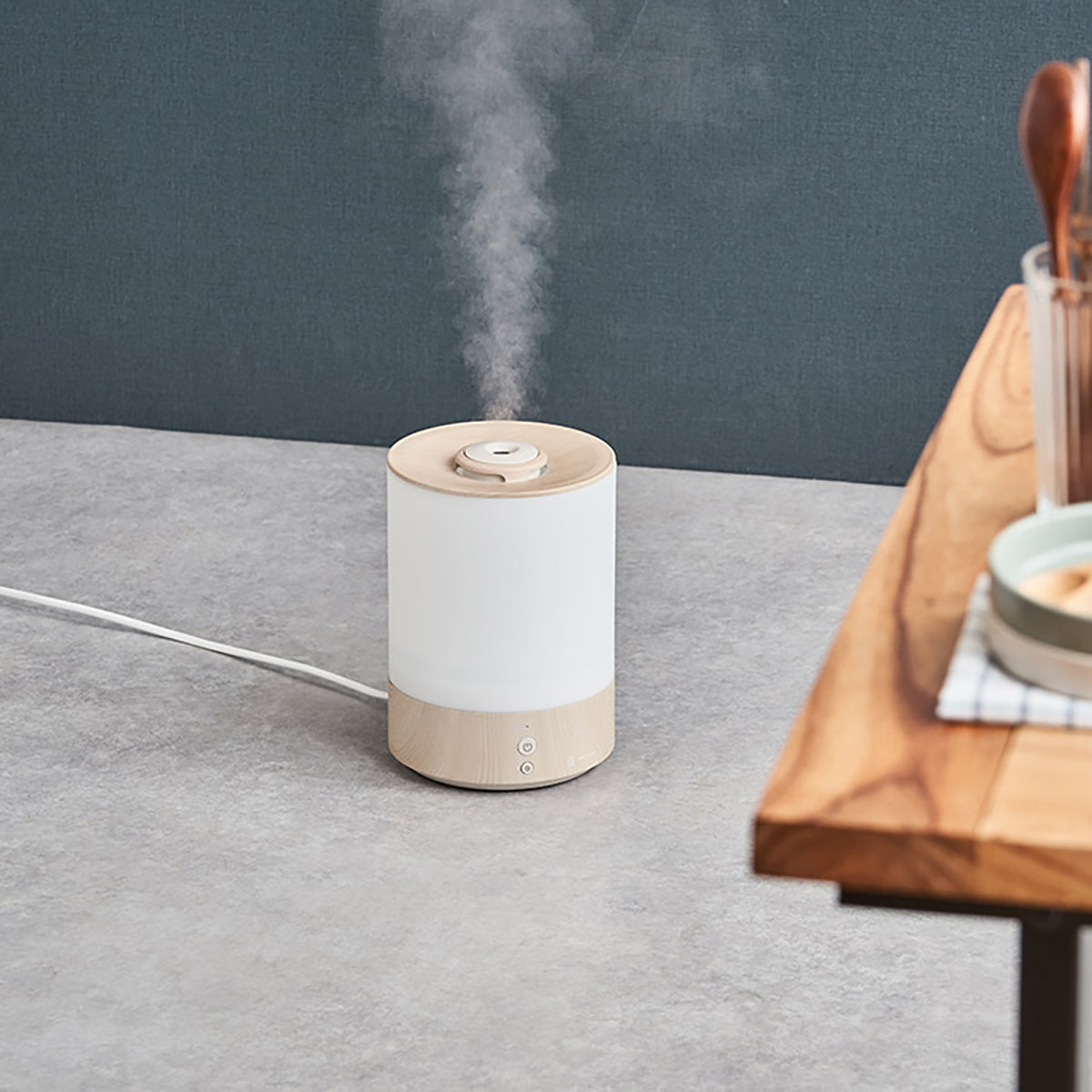 上部給水式　超音波加湿器　ライト付-Premium WOOD-　ホワイトウッド