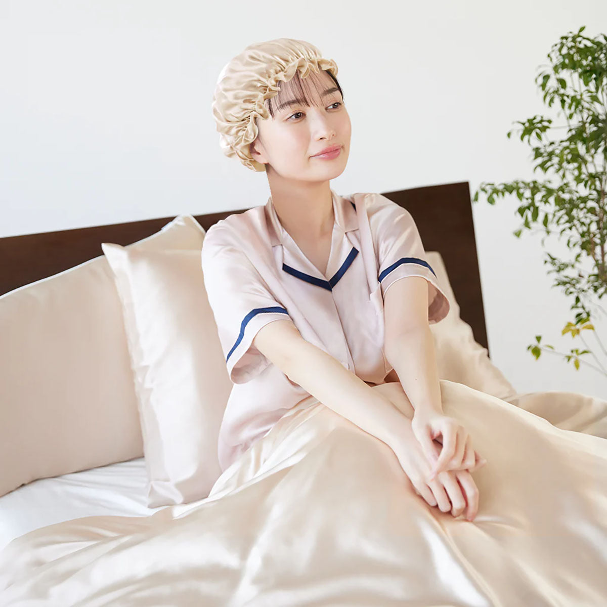 シルク ナイトキャップ 丸型 キャップ ショートヘア用 シャンパン