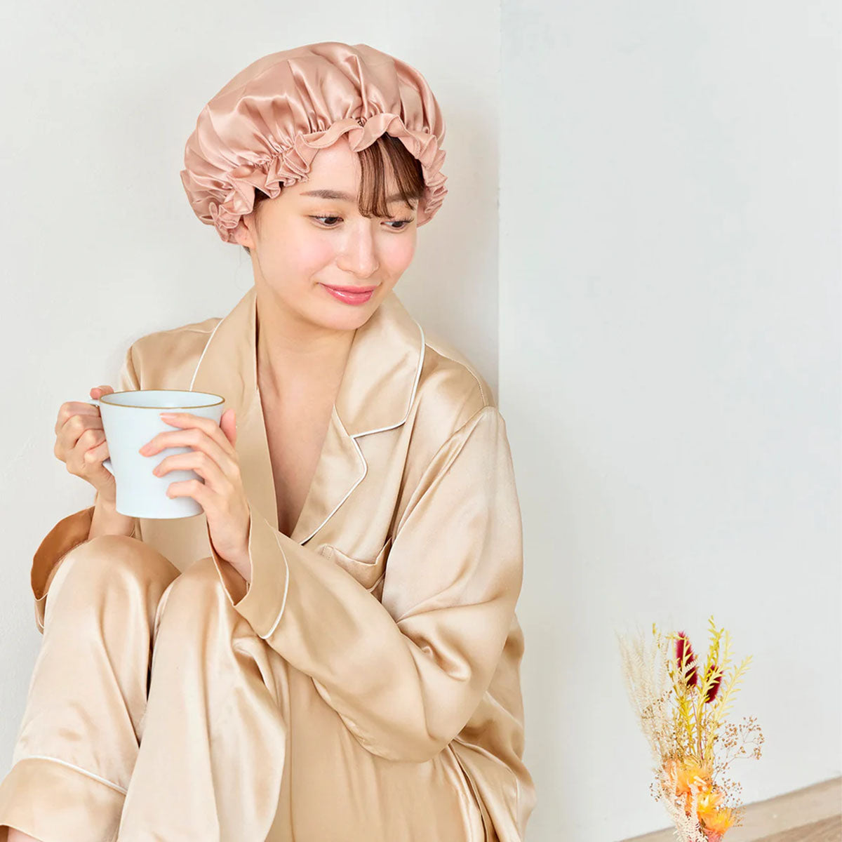 シルク ナイトキャップ 丸型 キャップ ショートヘア用 ローズゴールド