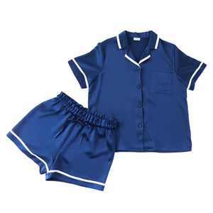 シルク 半袖パジャマ 上下セット 快眠 部屋着 ナイトウェア ネイビー