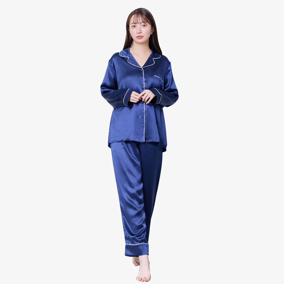 シルク 長袖パジャマ 上下セット 快眠 部屋着 ナイトウェア ネイビー M/L