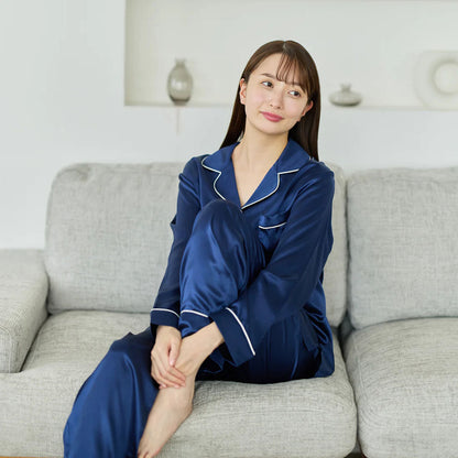 シルク 長袖パジャマ 上下セット 快眠 部屋着 ナイトウェア ネイビー M/L
