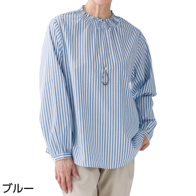 シャーリング衿ブラウス ブルー Ｌ